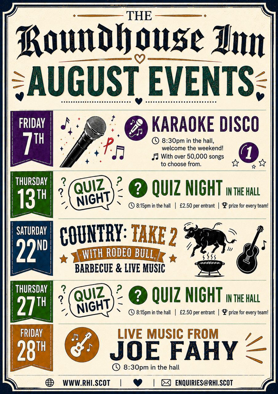The Roundhouse Inn August events poster: karaoke disco Friday 7th, quiz nights Thursday 13th and 27th, Country: Take 2 on Saturday 22nd, and live music from Joe Fahy on Friday 28th