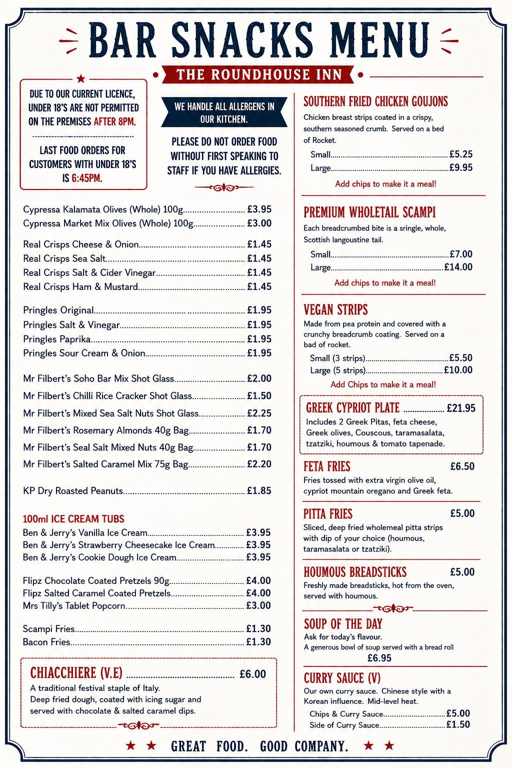 Bar snacks menu poster listing olives, crisps, nuts, southern fried chicken goujons, wholetail scampi, vegan strips and ice cream tubs with prices