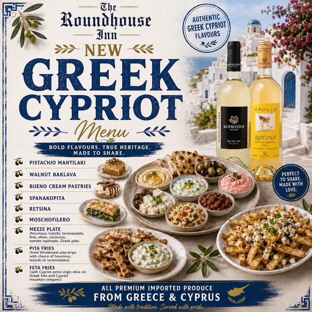 New Greek Cypriot menu poster with mezze plate, pitta fries, feta fries, halloumi and baklava, made with imported produce from Greece and Cyprus
