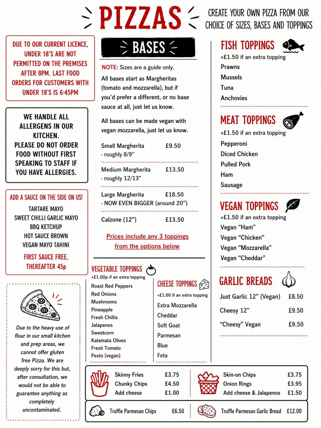 Roundhouse Inn pizza menu poster listing bases, meat, fish, vegetable, cheese and vegan toppings, calzone and garlic breads with prices